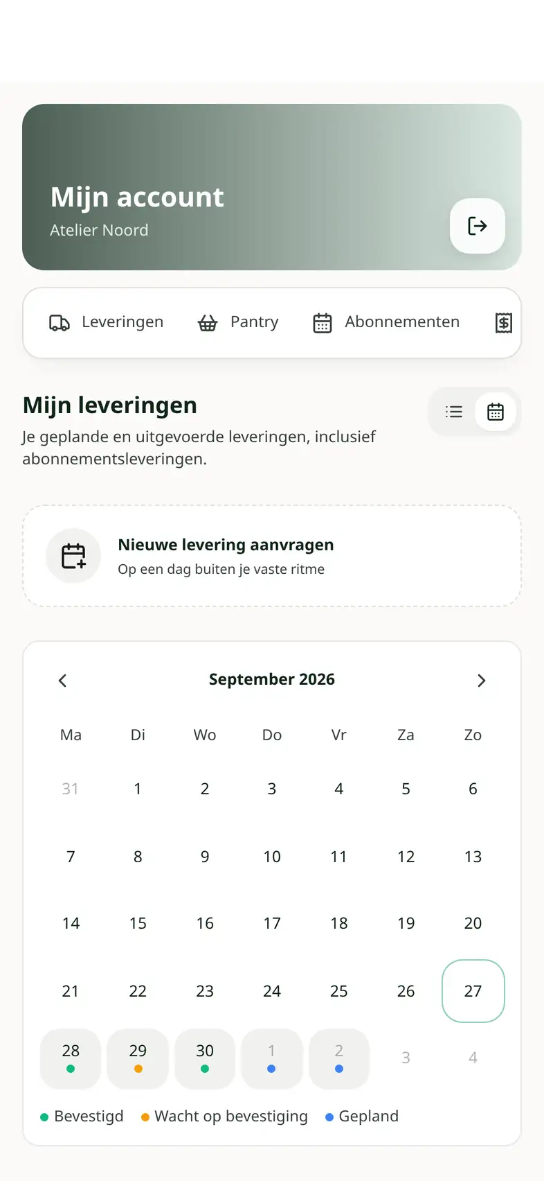 Kalender in het lunchportaal met de kantoorlunches van deze maand