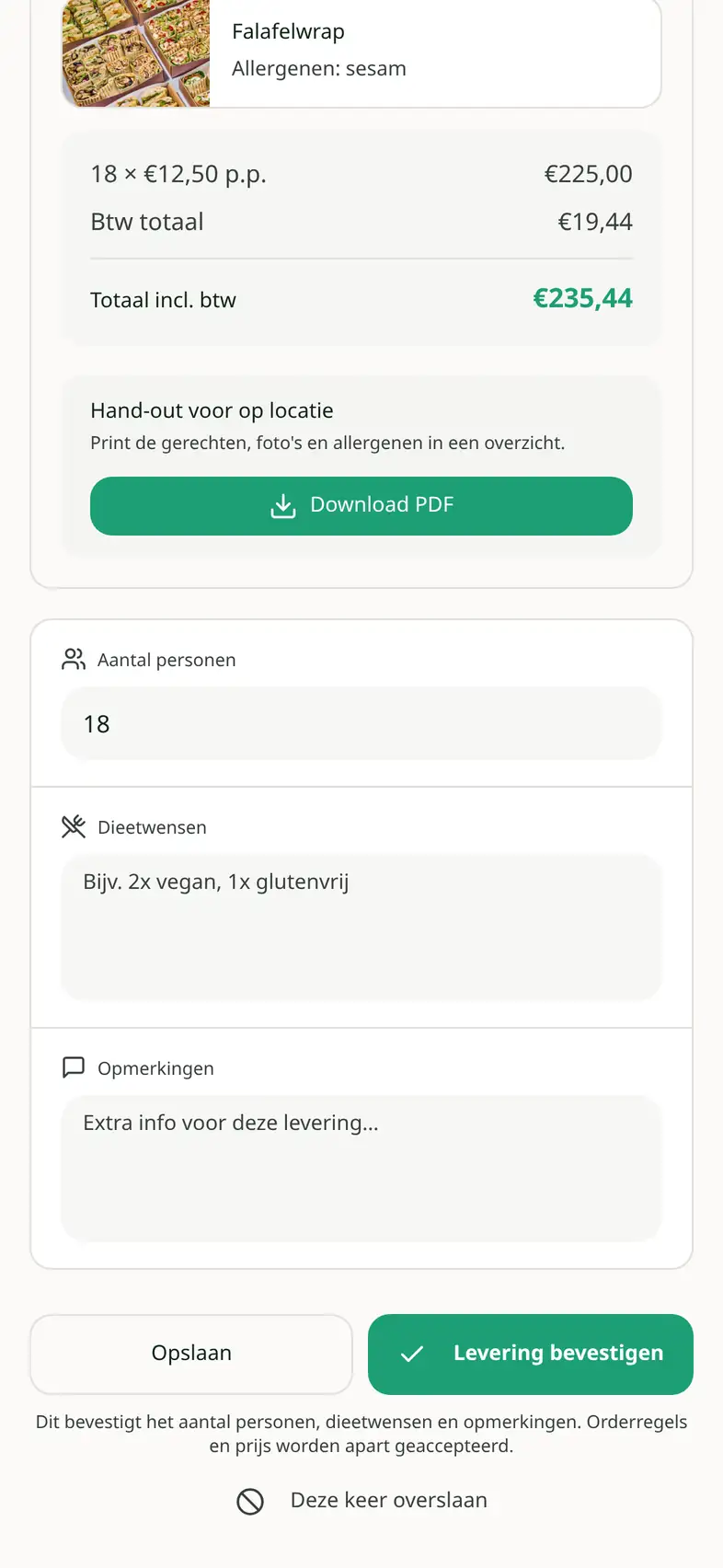 De levering bevestigen: aantal personen, dieetwensen en de knop Levering bevestigen