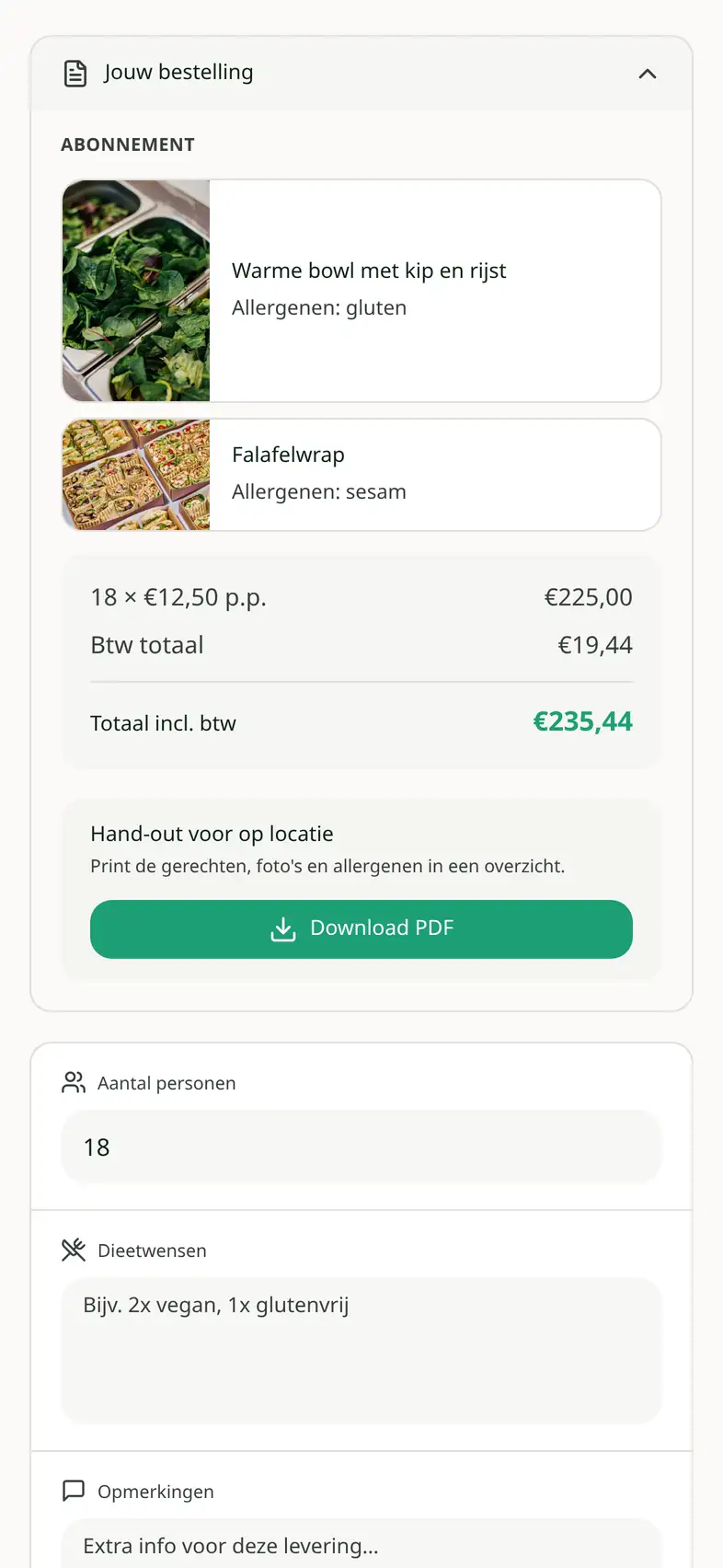 Lunch kiezen: graanbowl, seizoenssalade en yoghurt, met het aantal personen voor die dag