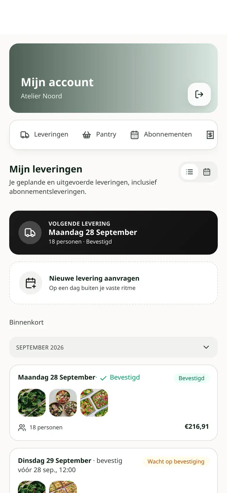 Wekelijkse leveringen in het lunchportaal, met status en bedrag per dag